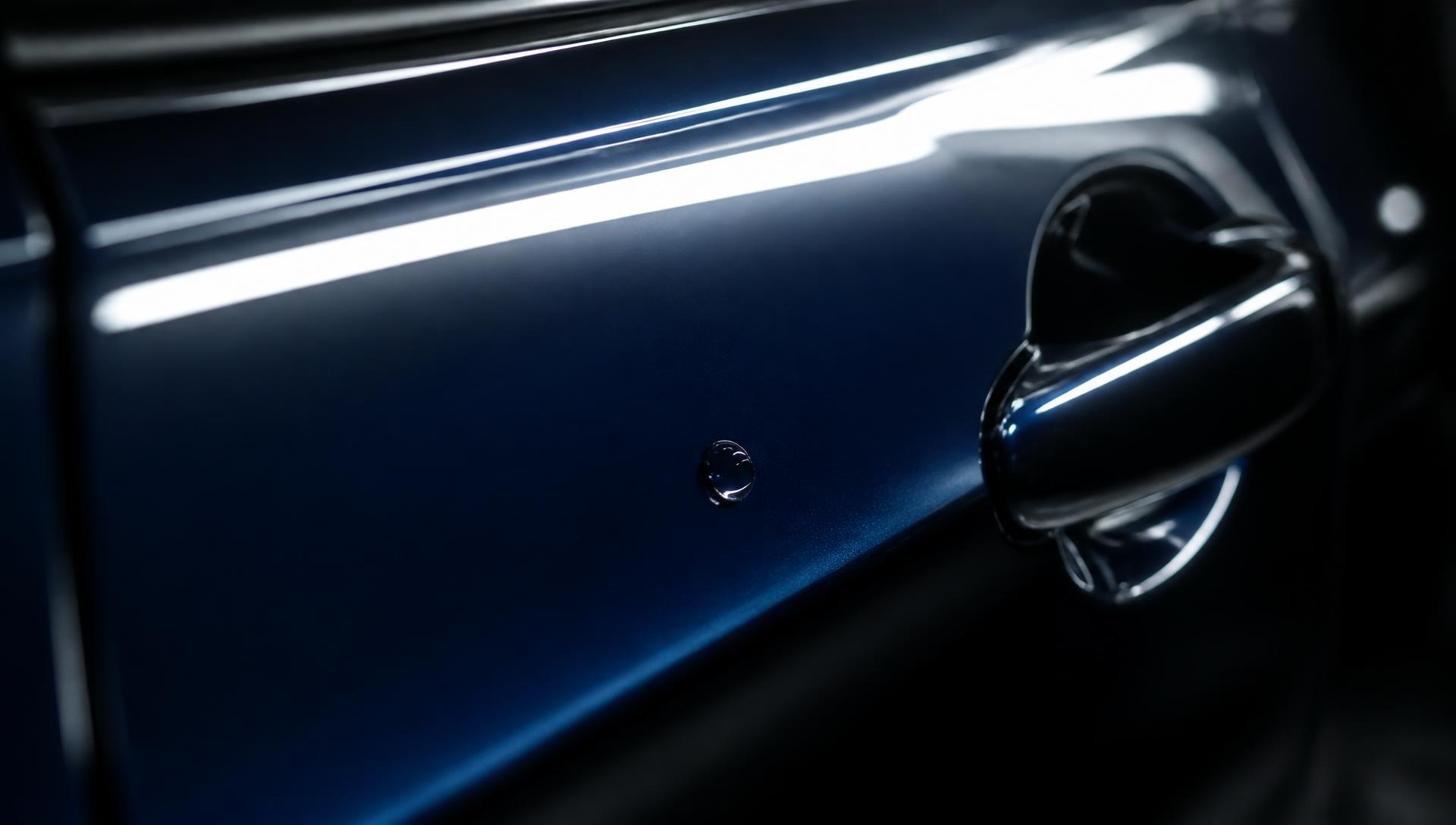 Mirror-gloss navy car door panel with a single water bead after a mobile detail
